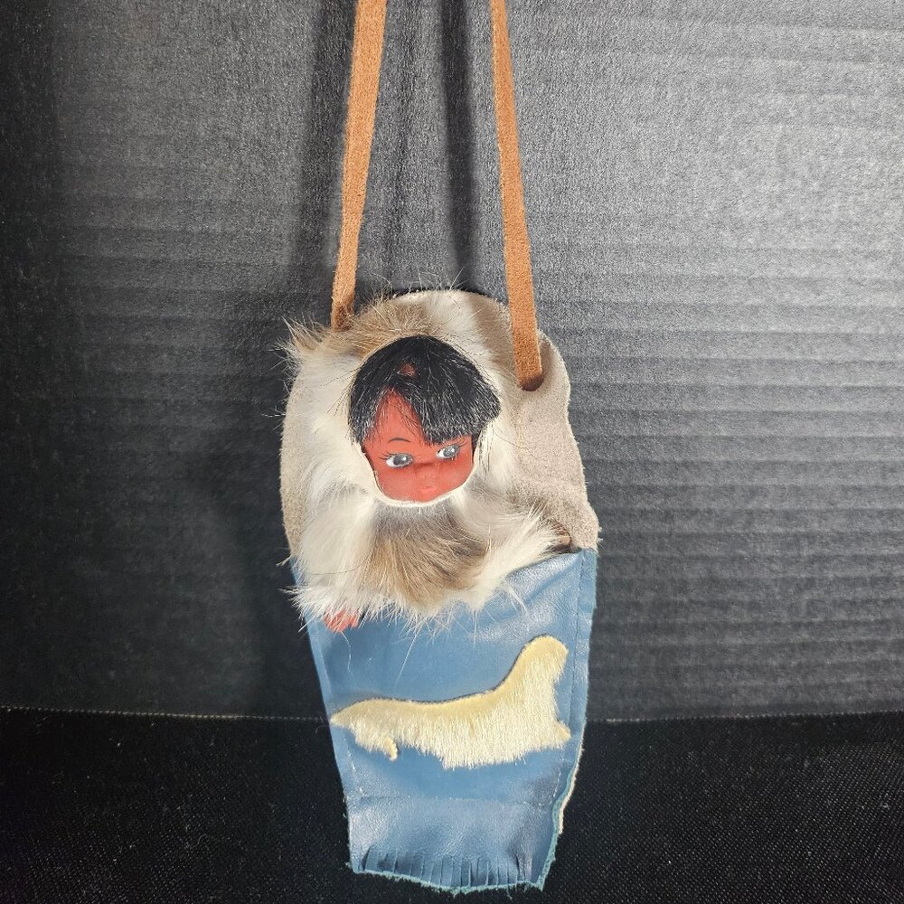 Mid Century Carson Souvenir Doll Rubber Face Inuit Baby (Amauti) Papoose Carrier
